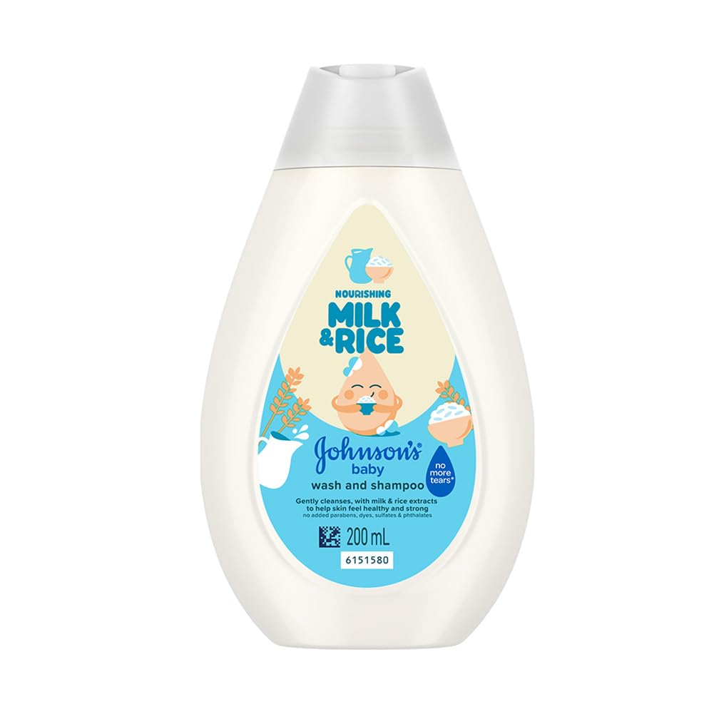 Johnson’s Baby Nourishing Milk & Rice Wash & Shampoo 200 ml | 2‑in‑1 Gentle Cleanser for Newborn Hair & Skin