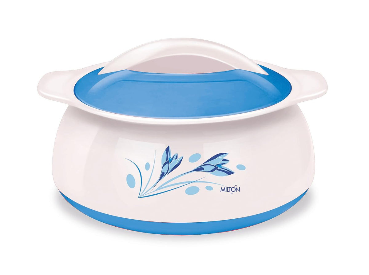 Milton Delish Insulated Thermo Hot Or Cold Casserole Serving Bowl With Stainless Steel Inner And Locking Lid, 2.5 L, White With Blue