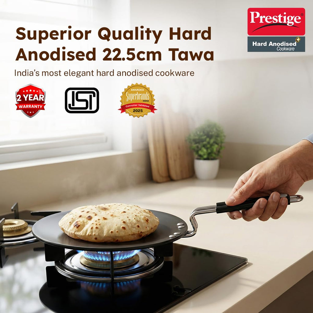 Prestige Hard Anodised Roti Tawa 22.5 cm | Thick Base (4 mm) | Gas & Induction Compatible | Metal Spoon Friendly | Stay Cool Handle | Wide Base | 2Y Warranty | ISI