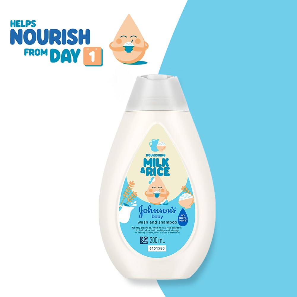 Johnson’s Baby Nourishing Milk & Rice Wash & Shampoo 200 ml | 2‑in‑1 Gentle Cleanser for Newborn Hair & Skin