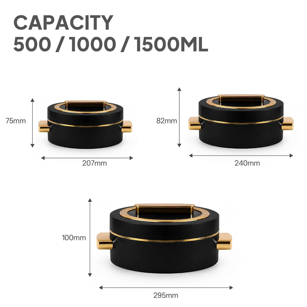 CELLO Satin Insulated Casserole Hot Pot Box Set of 3 Pcs (500ml, 1000ml, 1500ml) Black |