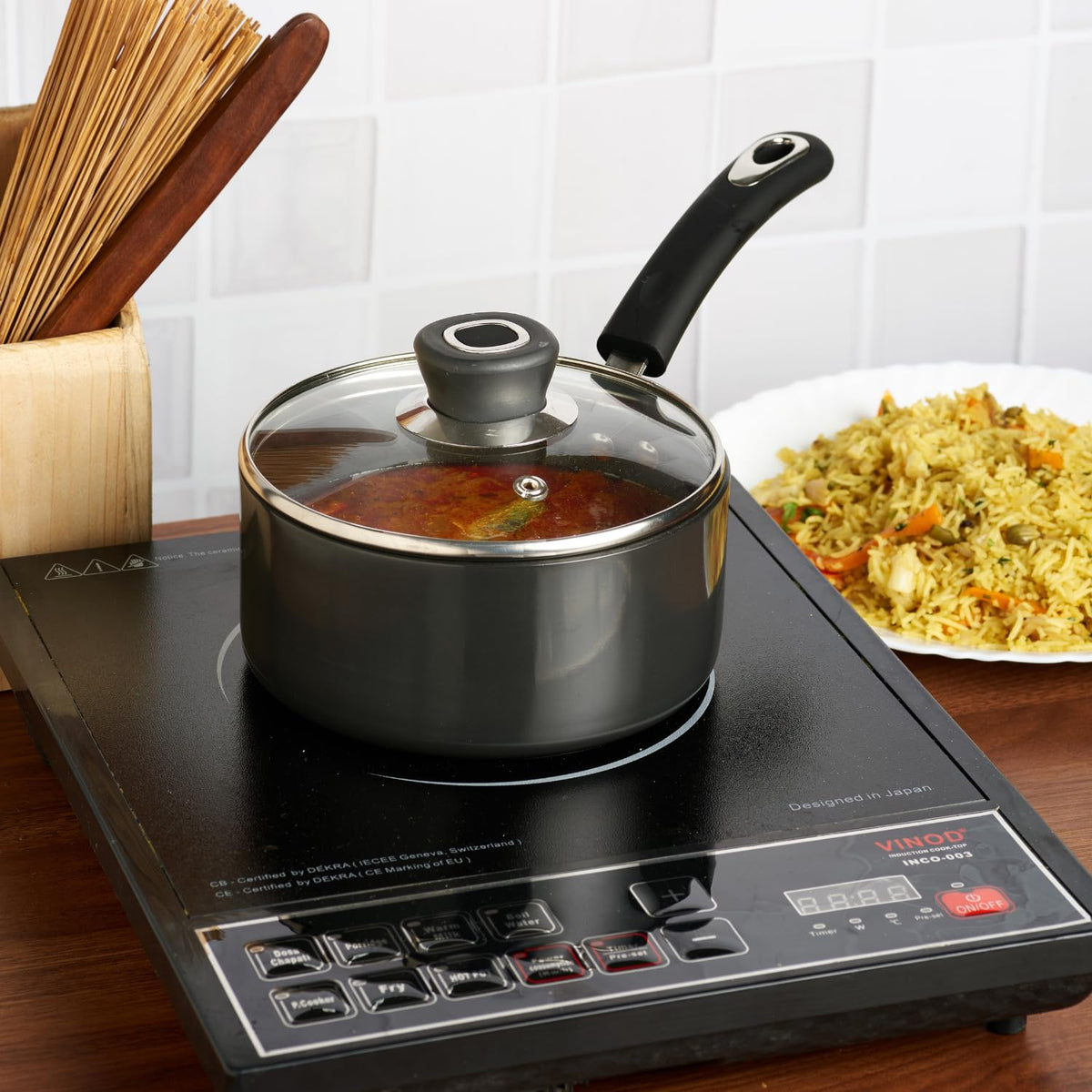Vinod Hanos Hard Anodised Non Stick Saucepan with Lid - 1.7 Litre, 16 cm | 3.25mm Thick | 5X Long Lasting | Soft Touch Handle, Scratch Proof | Induction & Gas Base | 2 Year Warranty