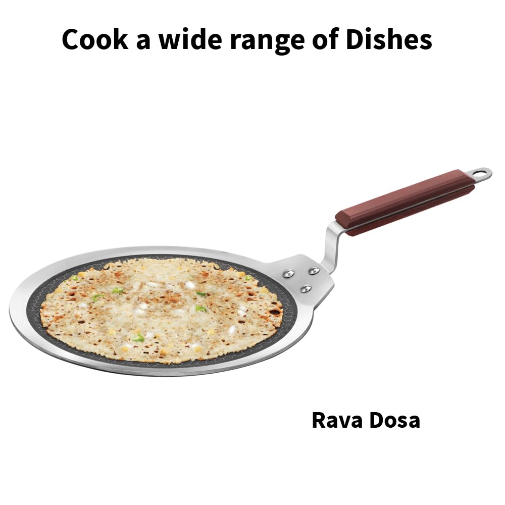 Hawkins 28 cm Dosa Tava, Triply Stainless Steel Shielded Nonstick Tawa with Rosewood Handle, Honeycomb Non Stick Induction Tawa, Silver (NSDT28)