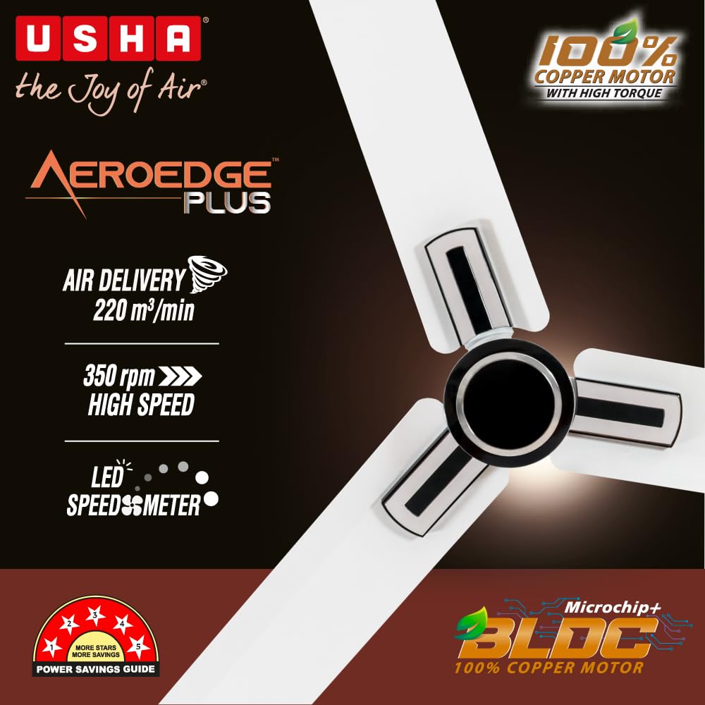 USHA AeroEdge Plus 1200mm BLDC Ceiling Fan with IR Remote |LED Indicator |BEE 5 Star Rated Energy Efficient|100% Copper Motor|High Air Delivery...