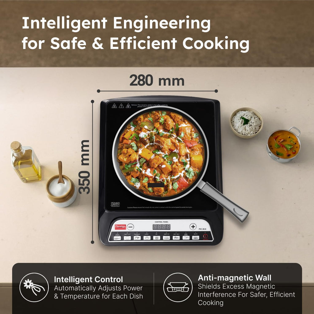Prestige PIC 20 1600 Watts Induction Cooktop | 4KV Surge Protection | 8 Preset Indian Menu Options & Timer | Soft Touch Button | Easy to Clean | Portable | Black | 1Y Warranty | BIS