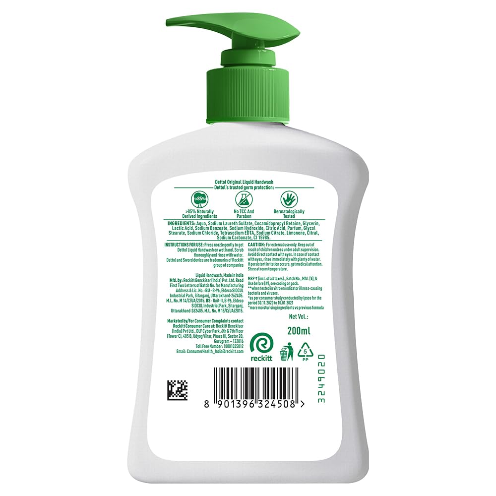 Dettol Liquid Handwash Dispenser Bottle Pump - Original Hand Wash- 200ml
