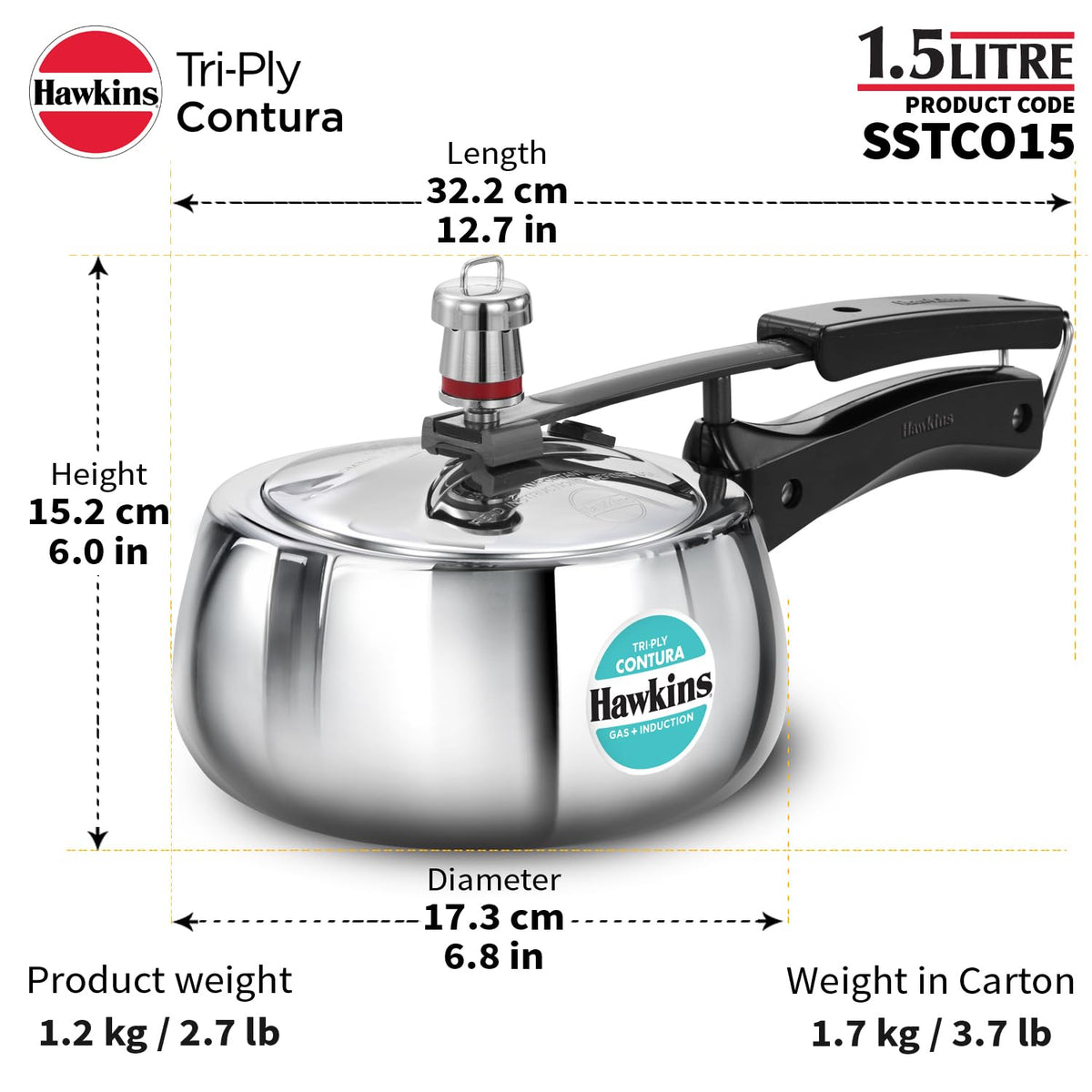 Hawkins Contura 1.5 Litre Stainless steel Pressure Cooker | Curved Body | Induction Compatible | Ideal for 1 2 persons | ISI Certified | Guaranteed for 5...