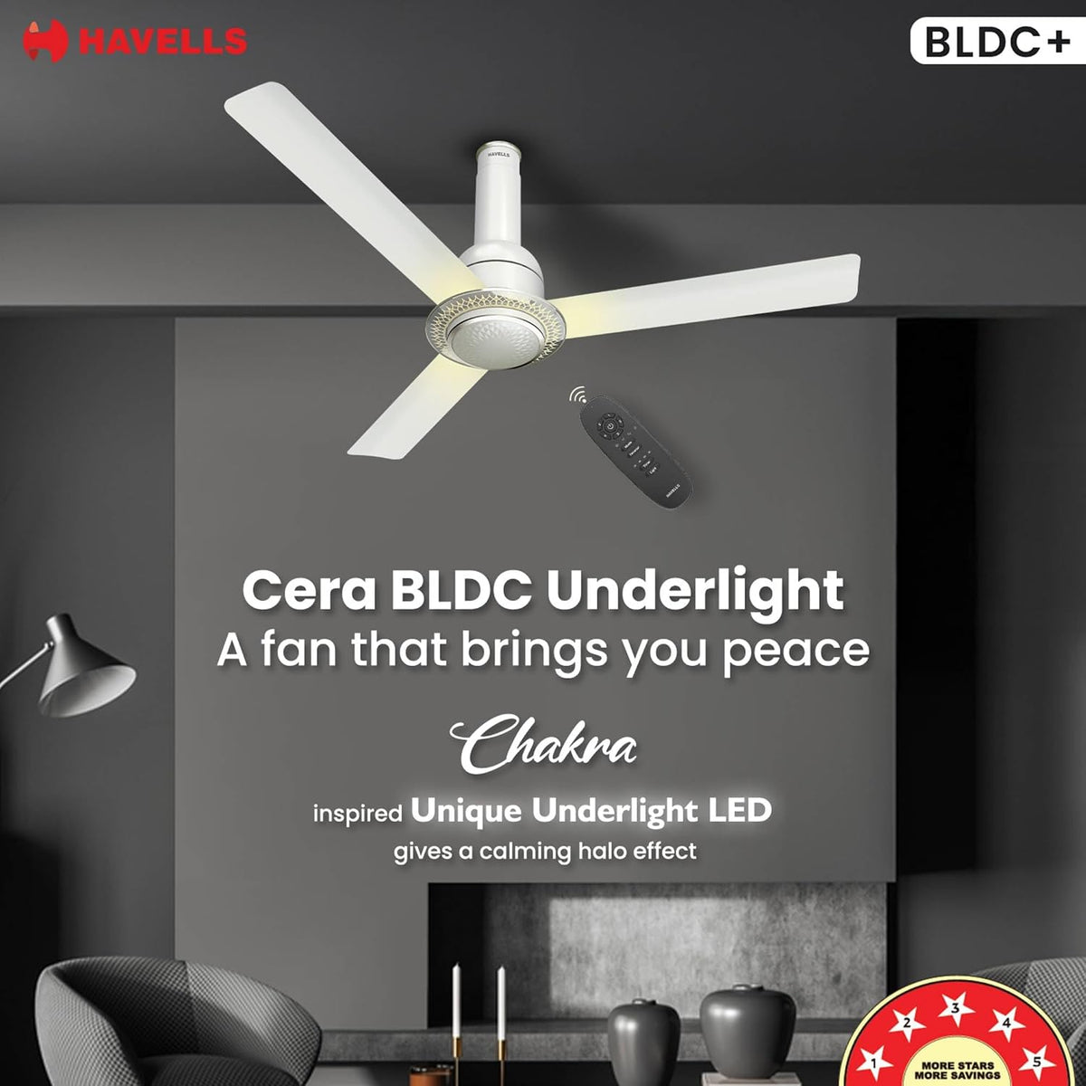 Havells CERA BLDC 1200mm Premium Underlight Ceiling Fan with 100% Pure Copper|Watt: 35|Air Flow: 225 cmm|Speed: 350 RPM|...
