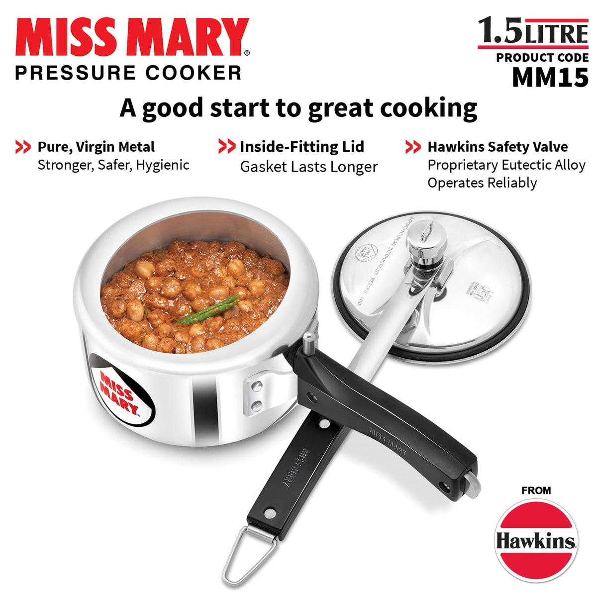 Hawkins 1.5 Litre Miss Mary Pressure Cooker, Small Inner Lid Baby Cooker, Silver (MM15)