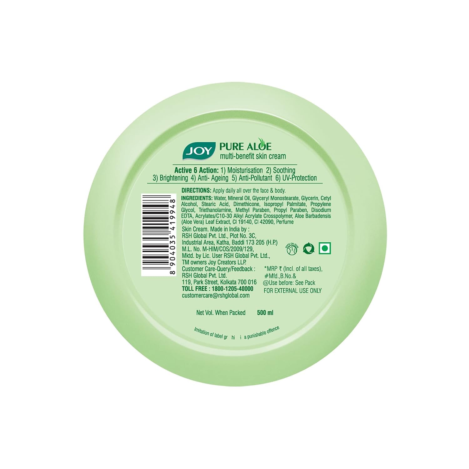 Joy Pure Aloe Light Moisturiser Skin Cream for Face, Hands & Body (500ml)