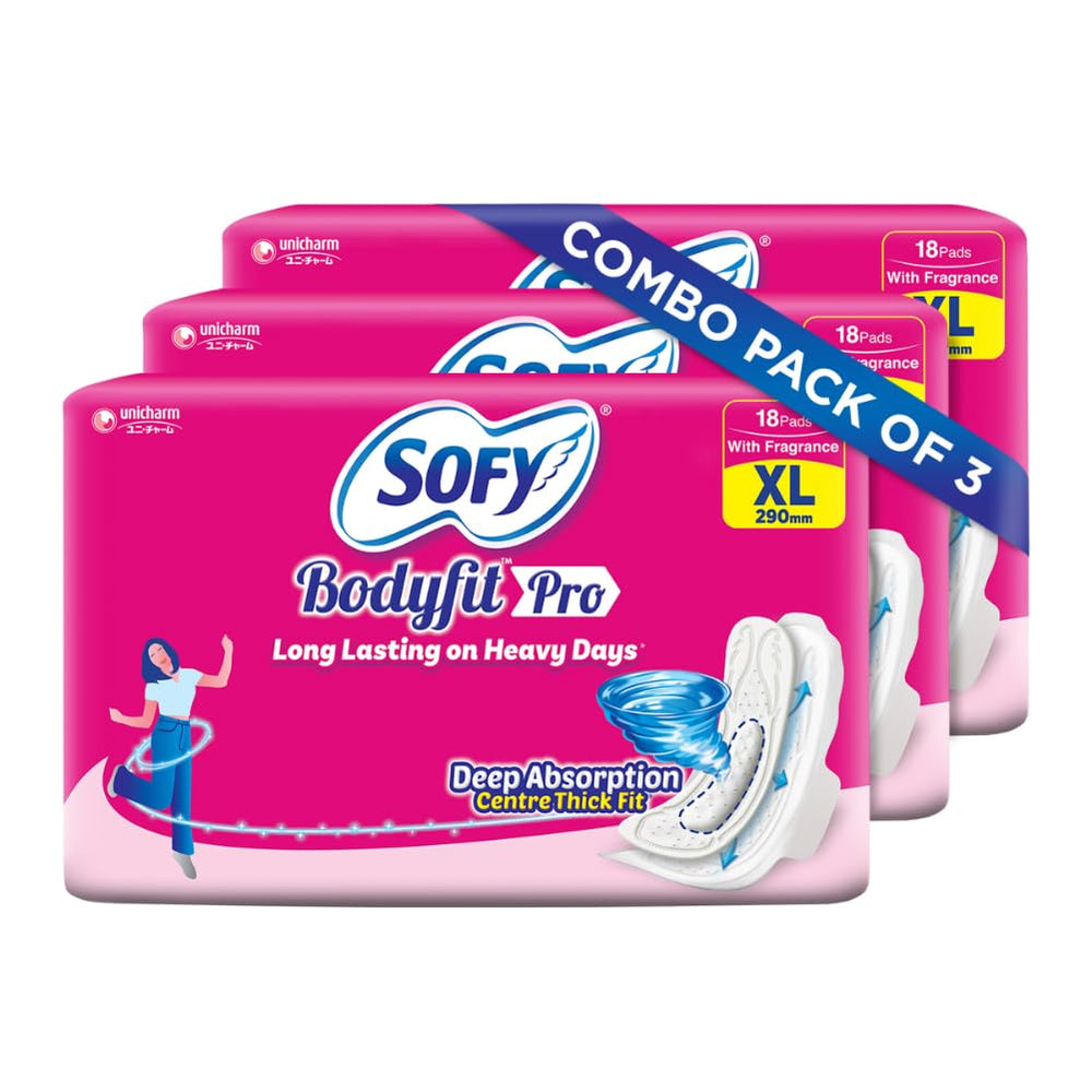 Sofy Bodyfit Pro Sanitary Pads (XL Size - 290 mm) 54 pads - Deep Absorption & fragrance, Centre Thick Fit, Soft on skin with comfy dry top sheet, with disposable wrap, (3 * 18 Pads),Pack Of 3