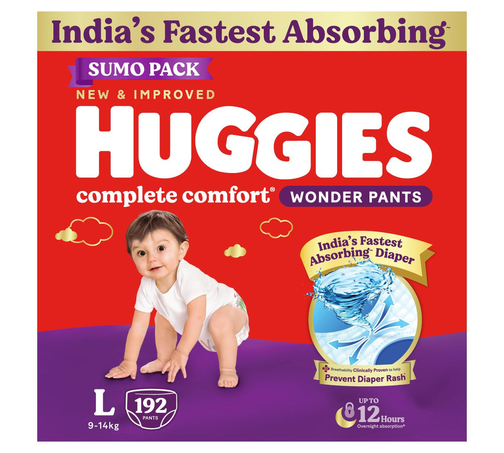 Huggies Complete Comfort Wonder Pants | Pant Style Baby Diapers Large Size (L), 192 Count | India's Fastest Absorbing Diaper, Prevents Diaper Rash,...