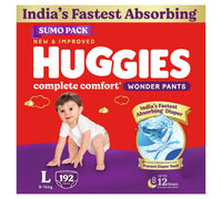 Huggies Complete Comfort Wonder Pants | Pant Style Baby Diapers Large Size (L), 192 Count | India's Fastest Absorbing Diaper, Prevents Diaper Rash,...
