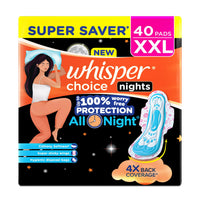 Whisper Choice Nights, 40 XXL Pads, Gives Up to 100% worry-free protection all night** with 4x back coverage