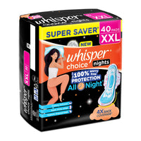Whisper Choice Nights, 40 XXL Pads, Gives Up to 100% worry-free protection all night** with 4x back coverage