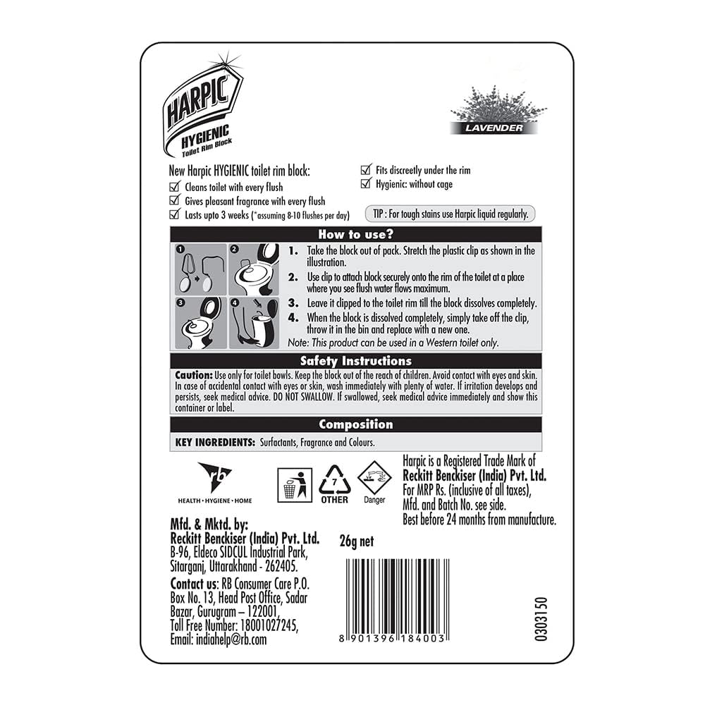 Harpic Hygienic Toilet Cleaner Rim Block, Lavender - 26 g (Pack of 3) | India's # 1 Toilet Cleaner