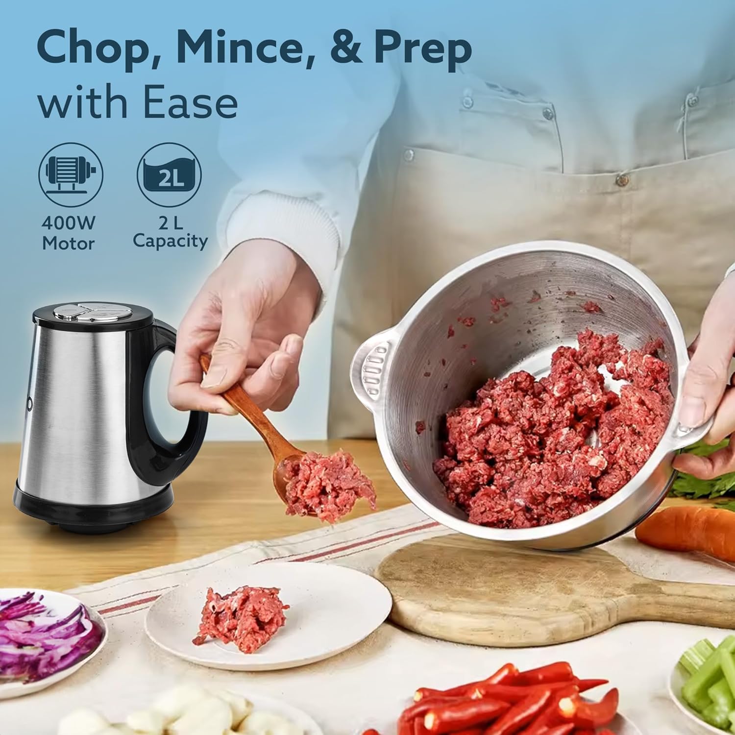 AGARO Delite Vegetable & Meat Chopper for Kitchen, Garlic Peeler, Egg Whisker, 2L Bowl, 400W Motor