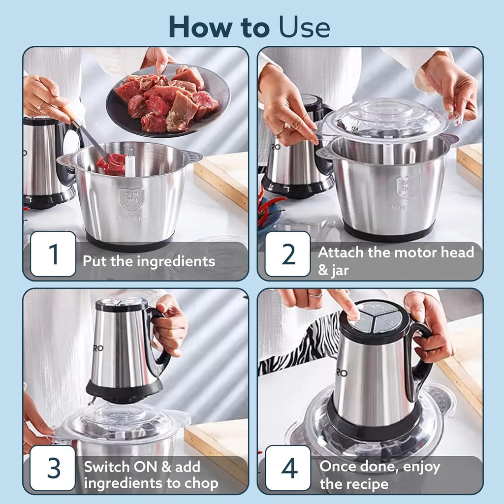 AGARO Delite Vegetable & Meat Chopper for Kitchen, Garlic Peeler, Egg Whisker, 2L Bowl, 400W Motor