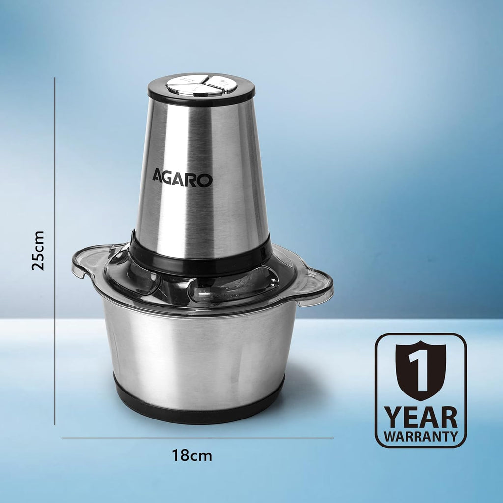AGARO Delite Vegetable & Meat Chopper for Kitchen, Garlic Peeler, Egg Whisker, 2L Bowl, 400W Motor