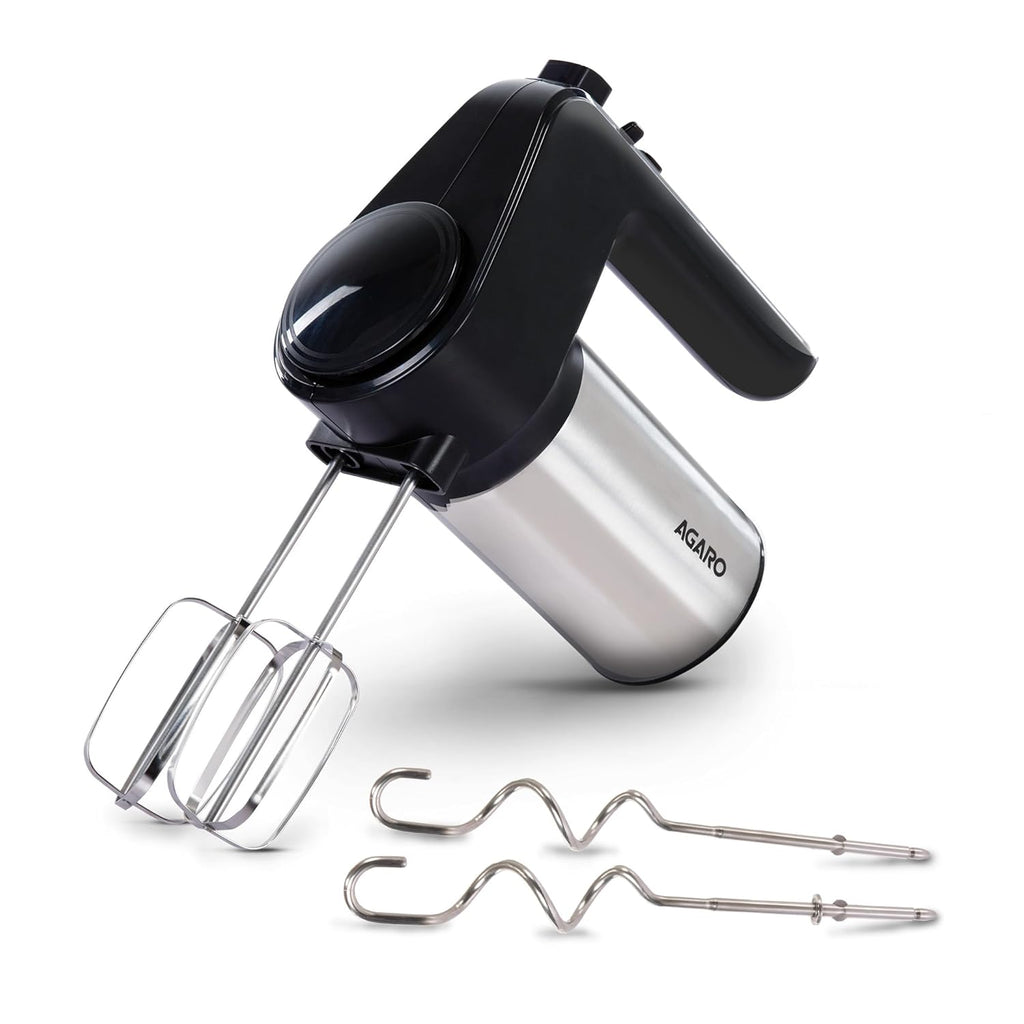 AGARO Elegant Hand Mixer, 300 Watts, Stainless Steel, 6 Interchangeable Speed Settings, Turbo Function, Interchangeable Beaters and Dough Hook Accessories for Mixing,