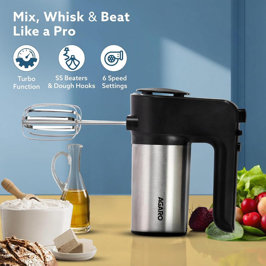 AGARO Elegant Hand Mixer, 300 Watts, Stainless Steel, 6 Interchangeable Speed Settings, Turbo Function, Interchangeable Beaters and Dough Hook Accessories for Mixing,