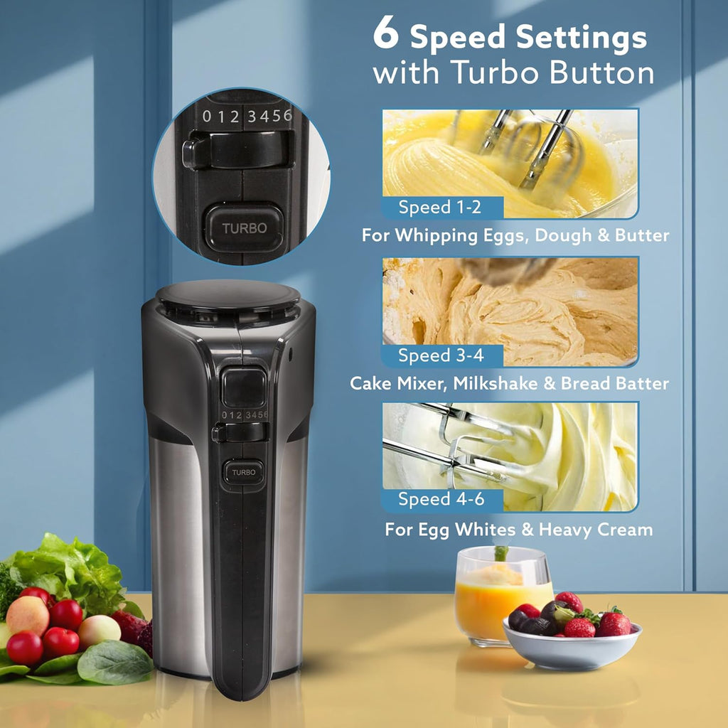 AGARO Elegant Hand Mixer, 300 Watts, Stainless Steel, 6 Interchangeable Speed Settings, Turbo Function, Interchangeable Beaters and Dough Hook Accessories for Mixing,