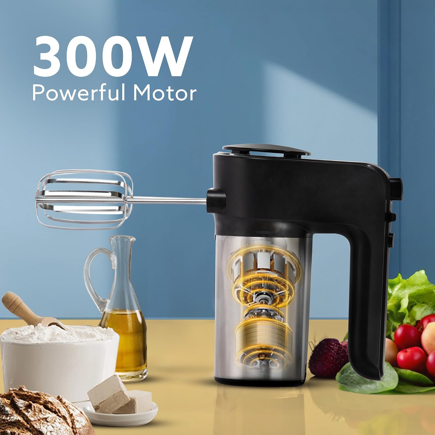 AGARO Elegant Hand Mixer, 300 Watts, Stainless Steel, 6 Interchangeable Speed Settings, Turbo Function, Interchangeable Beaters and Dough Hook Accessories for Mixing,
