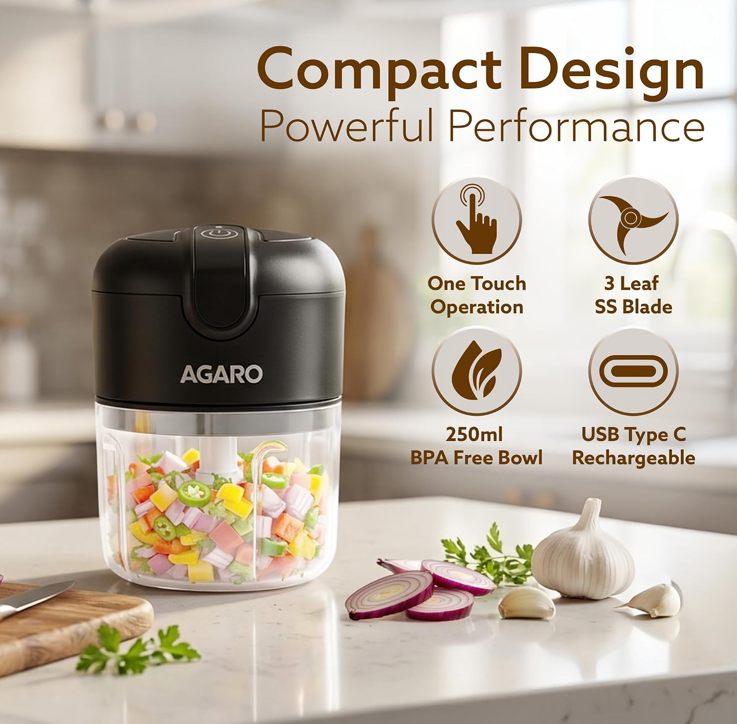 AGARO Elite Rechargeable Mini Electric Chopper 250 Ml, Black