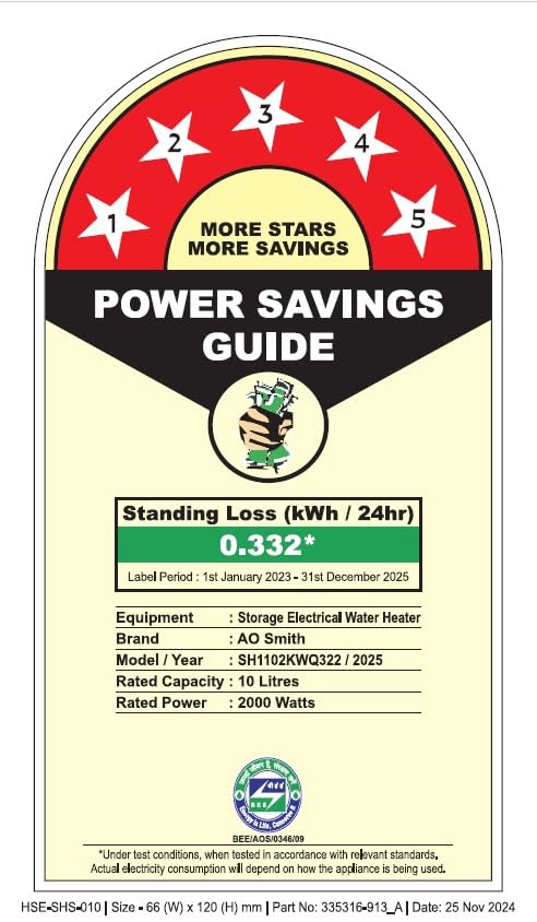 AO Smith Geyser 10 Litre 5 Star Rating (BEE) | Powerful 2KW Heating | Storage Water Heater With 2X Corrosion Resistant Blue Diamond Glass Tank | Warranty: 5 Yr Tank, 2 Yr Comprehensive | HSE-SHS-010