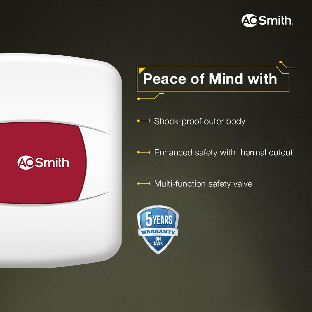 AO Smith Geyser 10 Litre 5 Star Rating (BEE) | Powerful 2KW Heating | Storage Water Heater With 2X Corrosion Resistant Blue Diamond Glass Tank | Warranty: 5 Yr Tank, 2 Yr Comprehensive | HSE-SHS-010