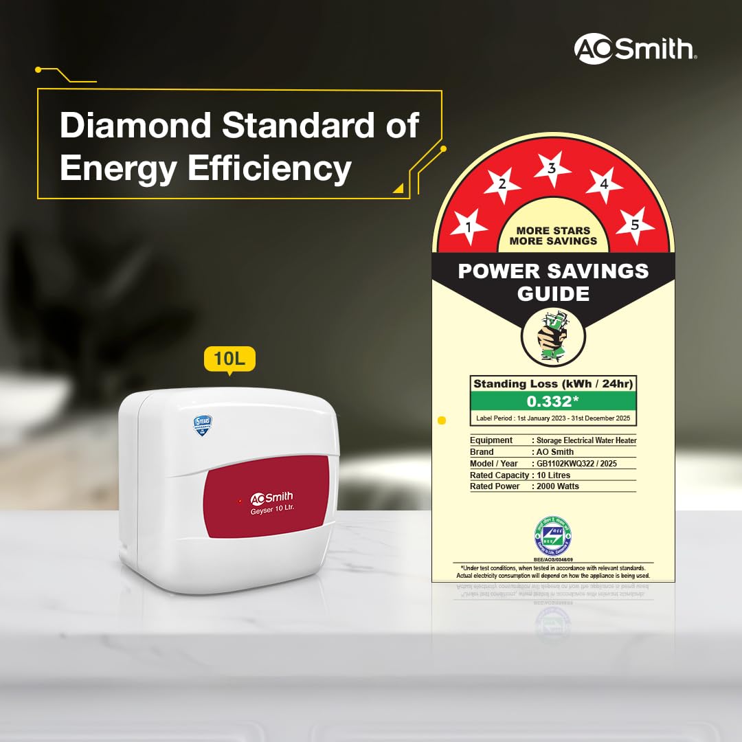 AO Smith Geyser 10 Litre 5 Star Rating (BEE) | Powerful 2KW Heating | Storage Water Heater With 2X Corrosion Resistant Blue Diamond Glass Tank | Warranty: 5 Yr Tank, 2 Yr Comprehensive | HSE-SHS-010