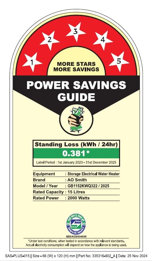 AO Smith Geyser 15 Ltr With 5 Star BEE Rating, Vertical Water Heater | Geyser 15+ Litre For High Rise Building | 7 Year Tank Warranty, 2 Year Comprehensive Warranty | SDS-GREEN-015