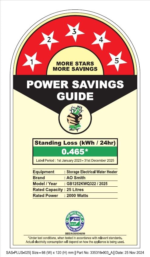 AO Smith Geyser 25 Litre 5 Star Rating (BEE), Vertical Water Heater | Geyser 25 Ltr For High Rise Building | 7 Year Tank Warranty, 2 Year Comprehensive Warranty | SDS-GREEN-025