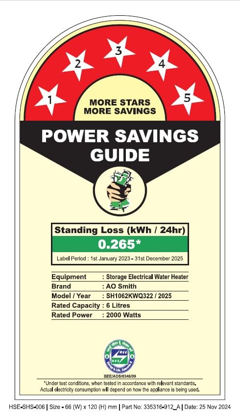 AO Smith Geyser 6 Litre 5 Star Rating (BEE) | Powerful 2KW Heating | Storage Water Heater With 2X Corrosion Resistant Blue Diamond Glass Tank | Warranty: 5 Yr Tank, 2 Yr Comprehensive | HSE-SHS-06