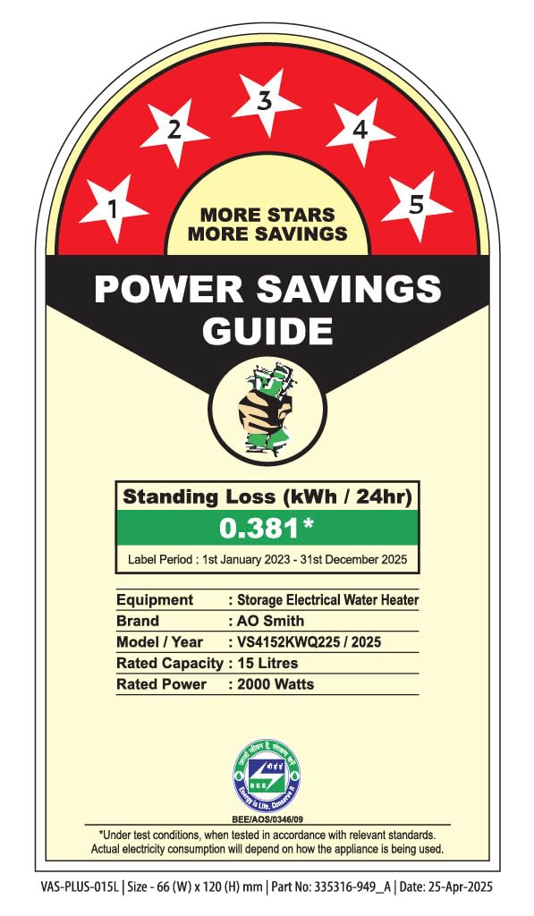 AO Smith Geyser VAS PLUS 15 Litre | 5 Star BEE Rating | Powerful 2KW Water Geyser for Bathroom | 2X Corrosion Resistant | Storage Water Heater | Warranty: 7Yr Tank, 3Yr Heating Element, 2Yr Overall
