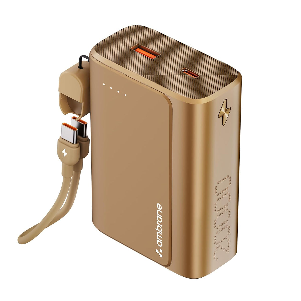 Ambrane 20000mAh 35W Fast Charging Small Pocket Size Powerbank, Hanging InBuilt Type C Cable, Type C PD & USB Output for iPhone, Android Mobiles & Other Devices (PowerMini 20, Golden)