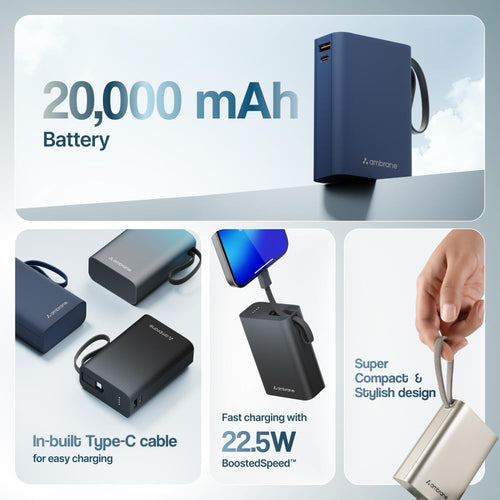 Ambrane 20000mAh Small Pocket Size Powerbank, Hanging InBuilt Type C Cable, 22.5W Fast Charging, Type C PD & USB Output for iPhone, Android Mobiles & Other Devices (MiniCharge 20, Black-Blue)