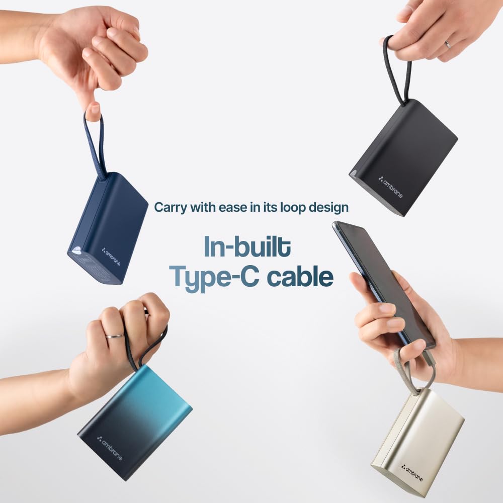 Ambrane 20000mAh Small Pocket Size Powerbank, Hanging InBuilt Type C Cable, 22.5W Fast Charging, Type C PD & USB Output for iPhone, Android Mobiles & Other Devices (MiniCharge 20, Black-Blue)