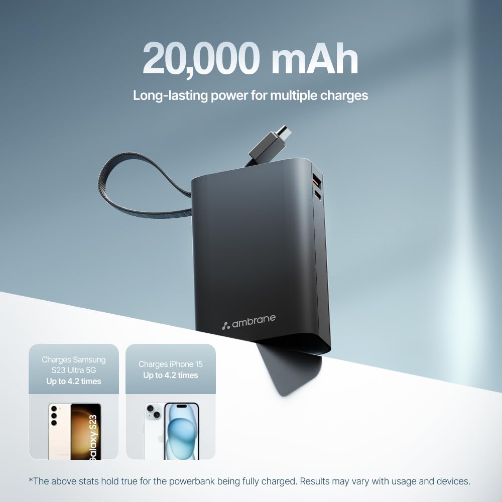 Ambrane 20000mAh Pocket Size Power Bank with Inbuilt Type-C Cable, 22.5W Fast Charging, Type-C PD & USB Output, Portable Mini Powerbank for iPhone, Android & Other Devices (MiniCharge 20, Navy Blue)
