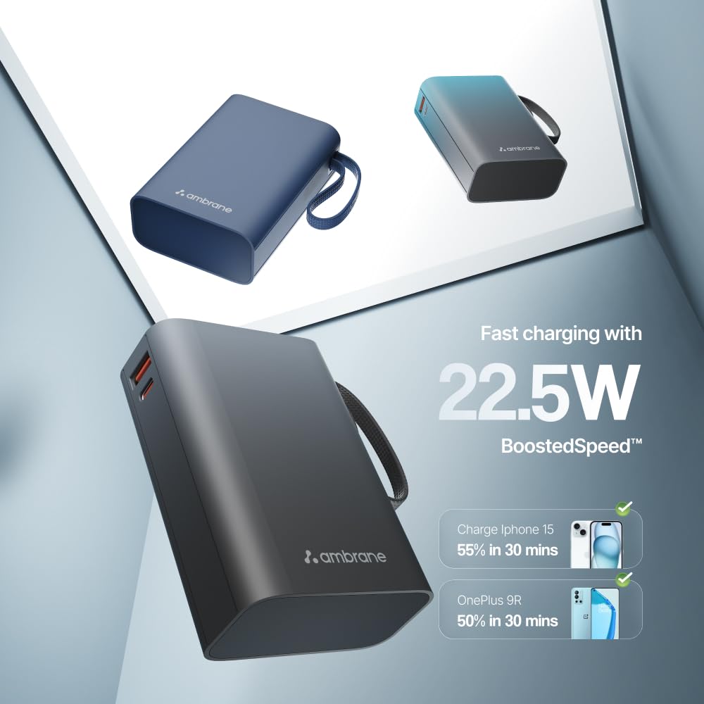 Ambrane 20000mAh Small Pocket Size Powerbank, Hanging InBuilt Type C Cable, 22.5W Fast Charging, Type C PD & USB Output for iPhone, Android Mobiles & Other Devices (MiniCharge 20, Black-Grey)