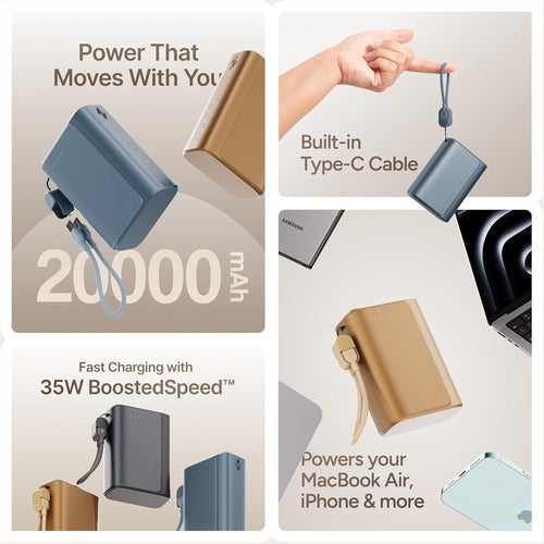 Ambrane 20000mAh 35W Fast Charging Small Pocket Size Powerbank, Hanging InBuilt Type C Cable, Type C PD & USB Output for iPhone, Android Mobiles & Other Devices (PowerMini 20, Black)