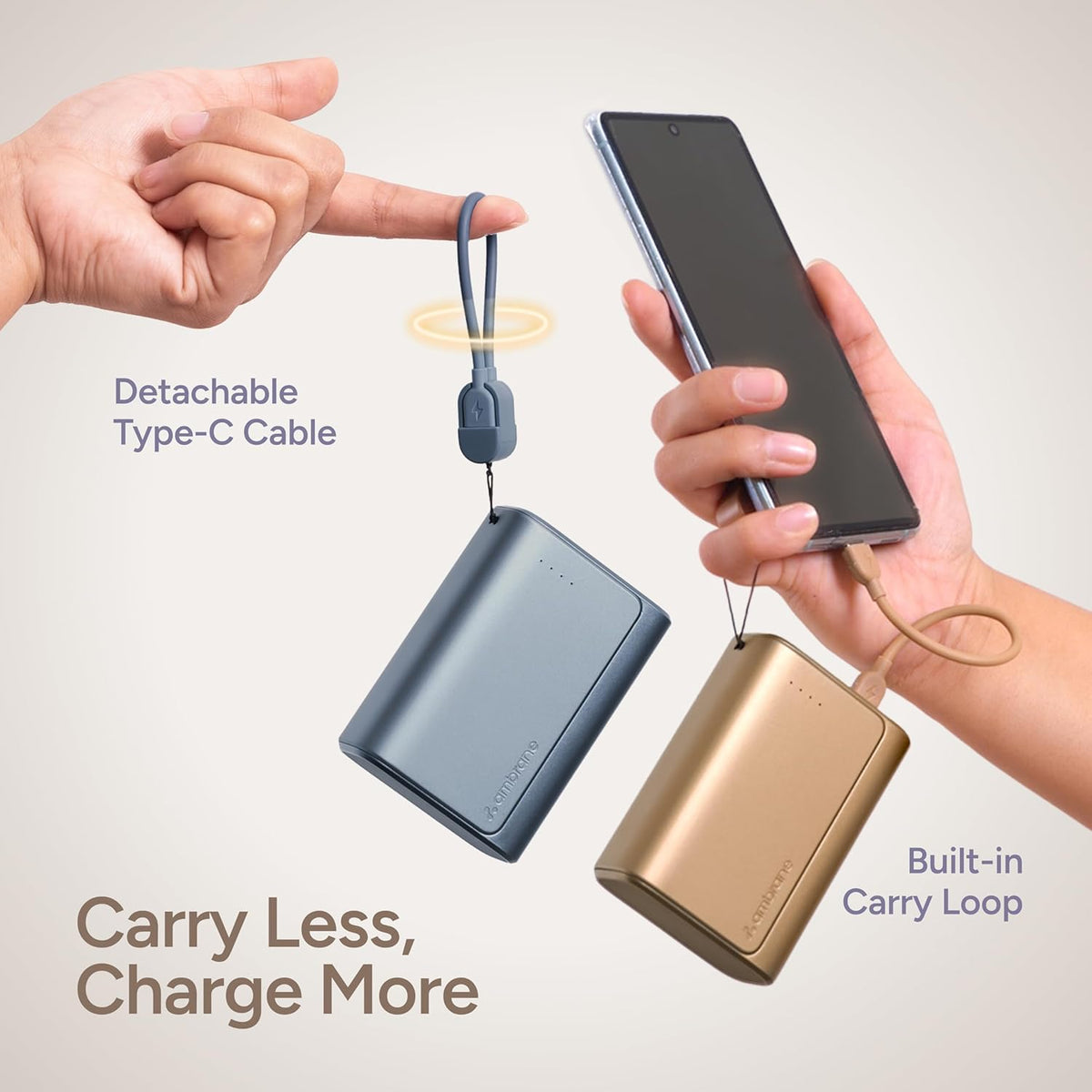 Ambrane 20000mAh 35W Fast Charging Small Pocket Size Powerbank, Hanging InBuilt Type C Cable, Type C PD & USB Output for iPhone, Android Mobiles & Other Devices (PowerMini 20, Blue)