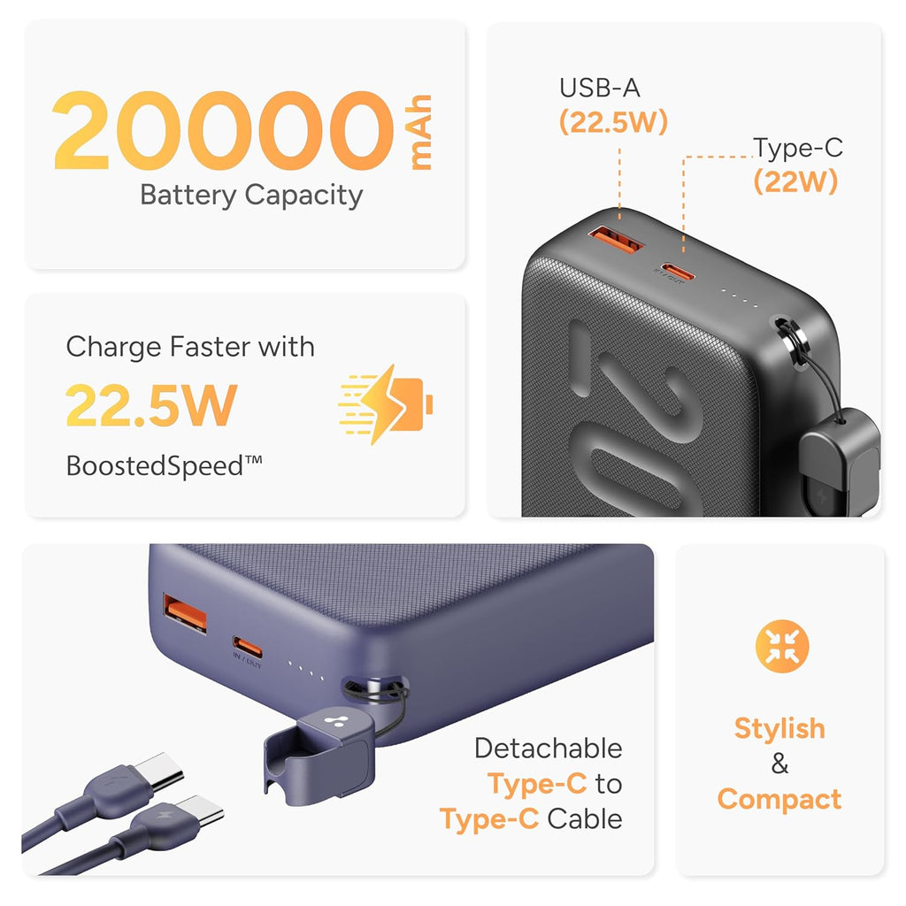 Ambrane 20000mAh Powerbank with in-Build Type C Cable, 22.5W Fast Charging, USB & Type C Output, Power Delivery, Quick Charge for iPhone, Android Mobile & Tablets, Earbuds, (Stylo N20, Green)