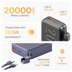 Ambrane 20000mAh Powerbank with in-Build Type C Cable, 22.5W Fast Charging, USB & Type C Output, Power Delivery, Quick Charge for iPhone, Android Mobile & Tablets, Earbuds, (Stylo N20, Green)