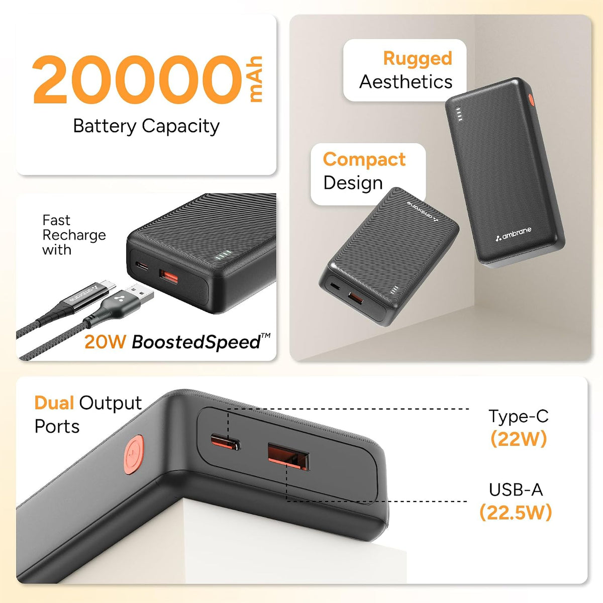 Ambrane 20000mAh Power Bank with 22.5W Fast Charging | 3 Output Ports | Type-C & USB Input | Compact Portable Charger for iPhone, Android Mobile Phone, Tablets, Earbuds, Speakers,smartwatch