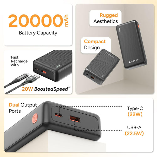 Ambrane 20000mAh Power Bank with 22.5W Fast Charging | 3 Output Ports | Type-C & USB Input | Compact Portable Charger for iPhone, Android Mobile Phone, Tablets, Earbuds, Speakers,smartwatch