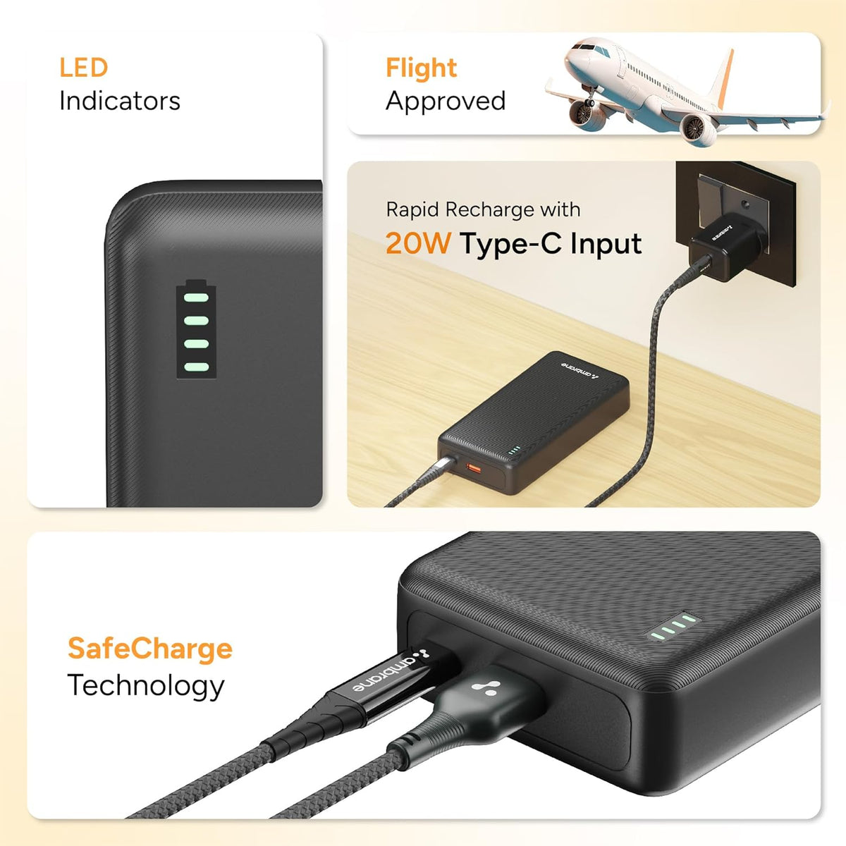Ambrane 20000mAh Power Bank with 22.5W Fast Charging | 3 Output Ports | Type-C & USB Input | Compact Portable Charger for iPhone, Android Mobile Phone, Tablets, Earbuds, Speakers,smartwatch
