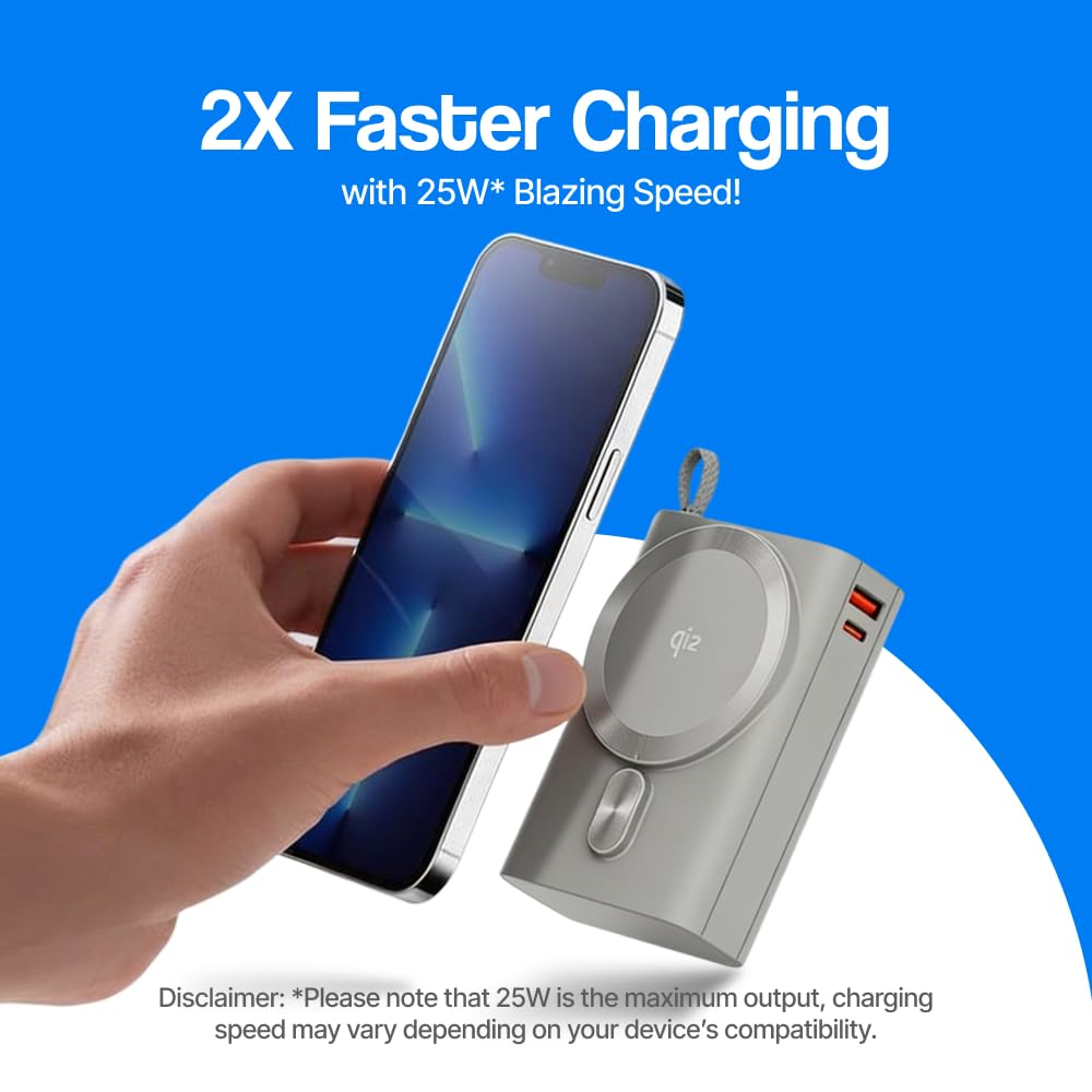 Ambrane 25W Qi2.2 Magsafe Wireless 20000mAh Powerbank, 35W Wired Charging, Fastest Qi2.2 Technology - Now Charge 40% in 30 mins wirelessly, Support Macbook Air Charging For iPhone (Orbit 20K,Titanium)