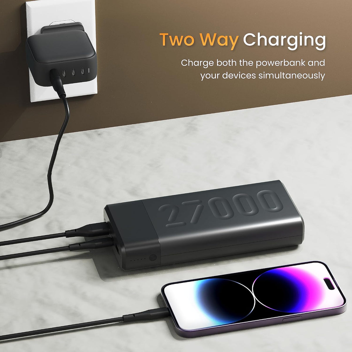 Ambrane 27000mAh Powerbank, 22.5W Fast Charging, Triple Output (2 USB & 1 Type C), PD, Quick Charge for iPhone, Android & Other Devices, Made in India + Type C Cable (Stylo Pro 27K, Deep Purple)