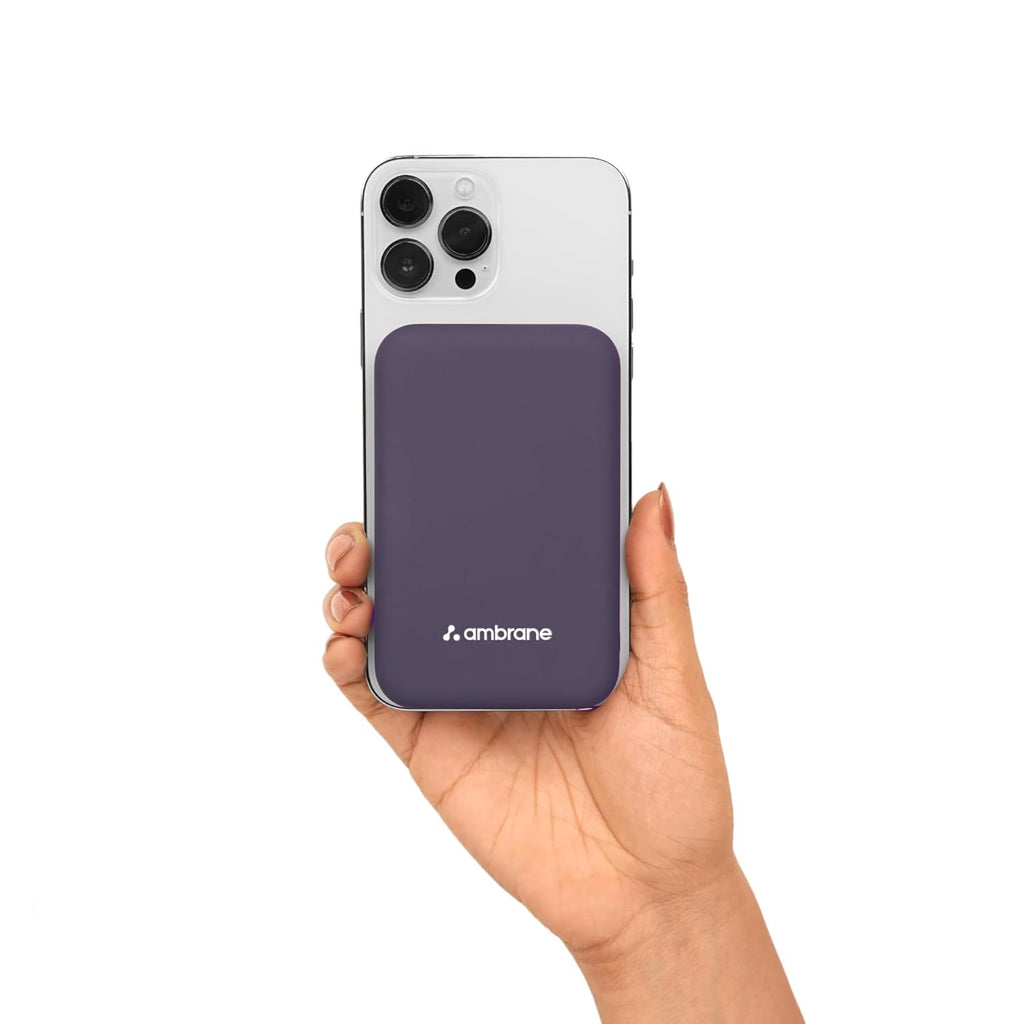 Ambrane Magsafe Wireless 10000Mah Fast Charging Power Bank, Strong Magnet, Micro USB Input, 22.5W Output For Iphone 12 Above, Android & Other Qi Enabled Devices + Magnetic Ring (Aerosync Snap, Purple)